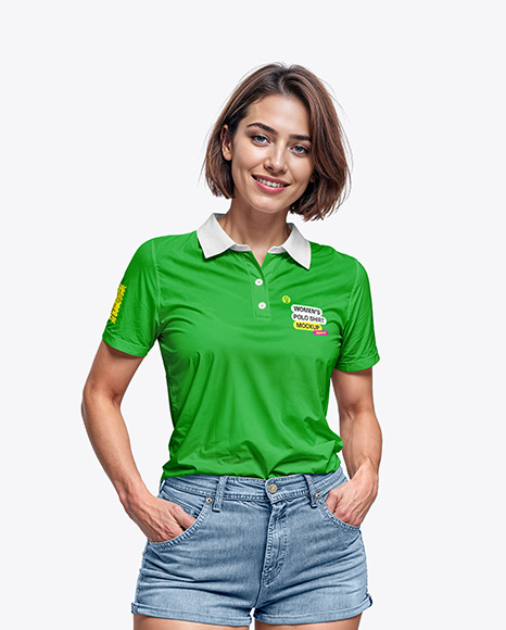 Woman Wearing a Polo Shirt and Denim Shorts Mockup