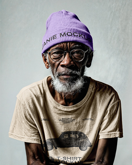 An Elderly Man Wearing T-Shirt, Beanie Hat and Glasses Mockup