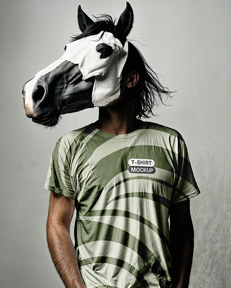 Man Wearing a Basic T-shirt and a Horse Mask Mockup