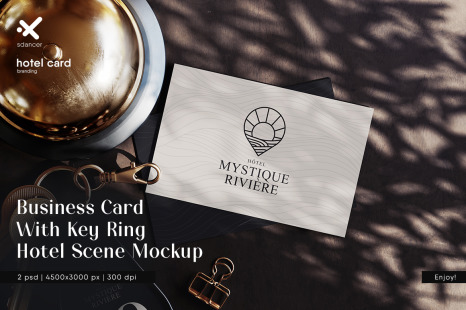 Business Card with Key Ring Hotel Scene Mockup