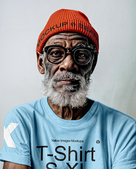 An Old Man with a White Beard Wearing a Beanie, Glasses and a T-Shirt Mockup