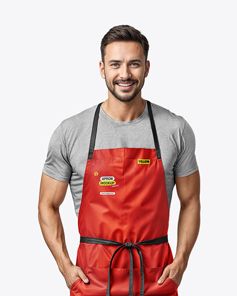 Man Wearing an Apron and a T-Shirt Mockup