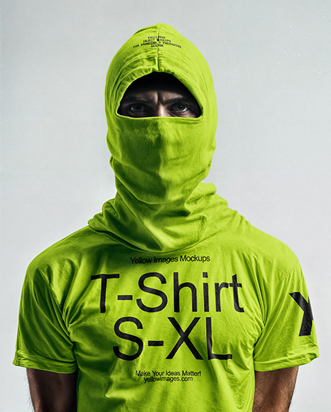 Man Wearing a T-Shirt with a Balaclava Covering Face Mockup