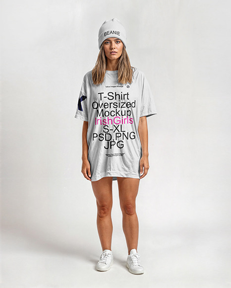 Irish Woman Wearing a Long Oversized T-Shirt and Beanie Hat Mockup