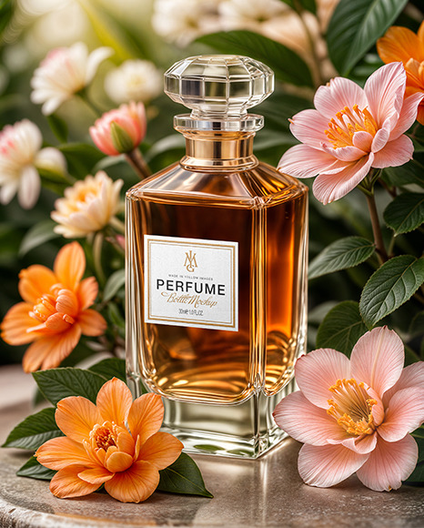 Clear Glass Perfume Bottle in Flowers Mockup