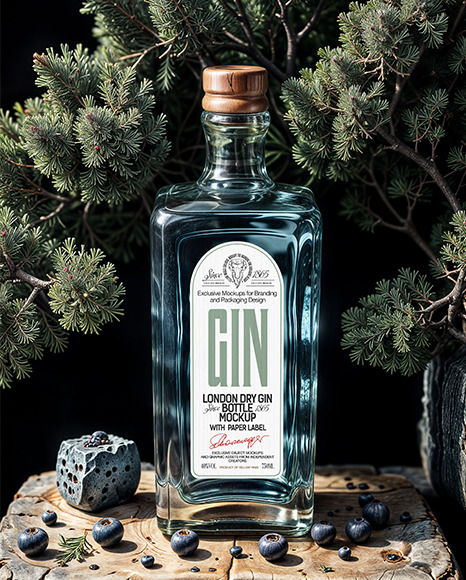Clear Glass Gin Bottle Standing on a Wooden Stump Mockup