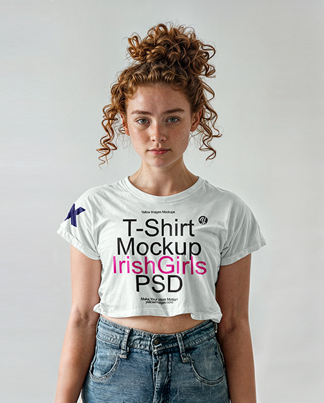 Woman with Red Hair Wearing a T-Shirt and Jeans Mockup