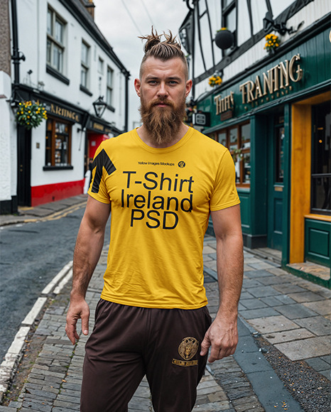 A Man with a Beard and Mohawk Wearing T-Shirt and Pants Mockup