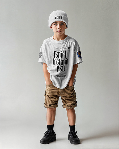 A Young Boy Wearing a T-Shirt, Beanie Hat and Shorts Mockup