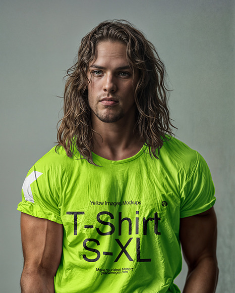 A Male Model with Long Hair Wearing a T-Shirt Mockup