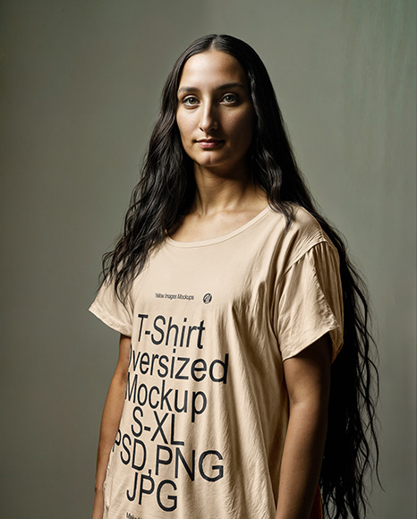 Woman with Long Hair Wearing an Oversized T-shirt Mockup