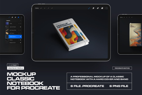 6 Mockups of Classic Notebook with Band and Hard Cover for Procreate