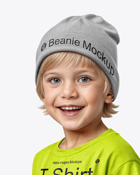Young Boy Wearing a Beanie and T-Shirt Mockup