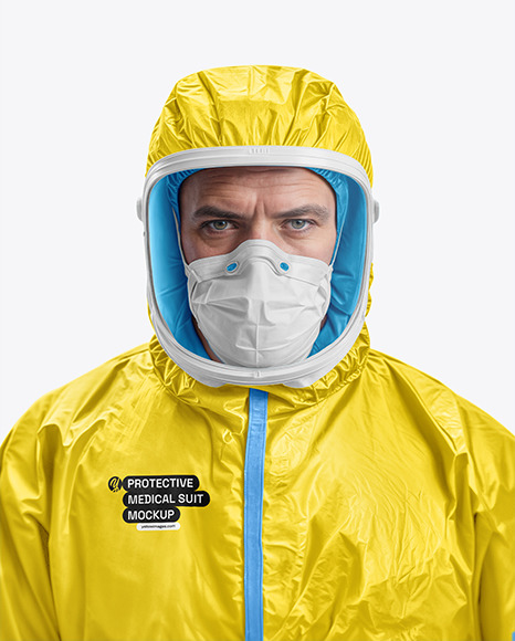 Man Wearing Chemical Protective Suit and Face Mask Mockup