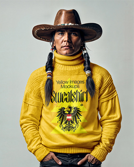 Native American Man Wearing a Long-Sleeved Sweater and Hat Mockup