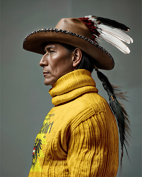 Native American Man Wearing a Sweater and Leather Hat Mockup