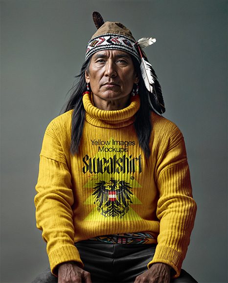 Native American Man Wearing a Sweater and Traditional Headdress Mockup