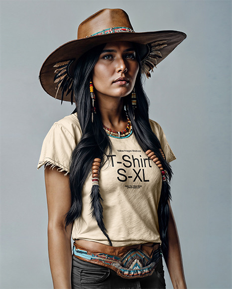 Native American Woman Wearing a T-Shirt and Leather Hat Mockup