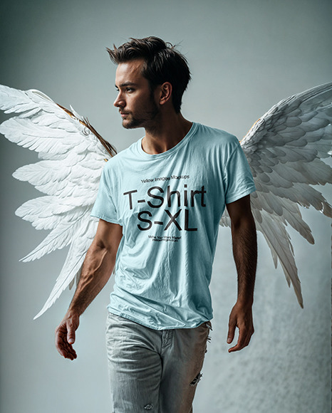 Man with Angel Wings Wearing a T-Shirt and Blue Jeans Mockup