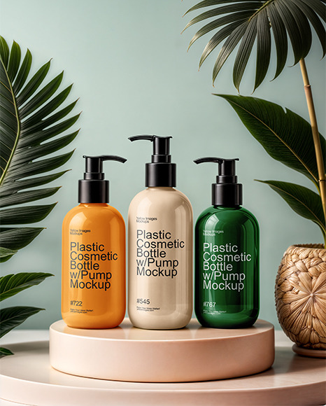 Three Glossy Cosmetic Bottles with Pump Caps Mockup