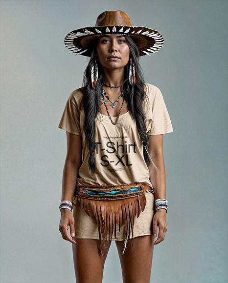Native American Woman Wearing a Long T-Shirt and Leather Hat Mockup
