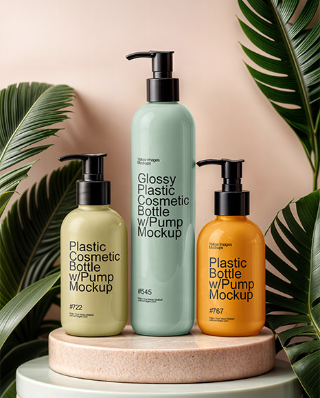 Three Glossy Cosmetic Bottles with Pump Caps on The Podium Mockup