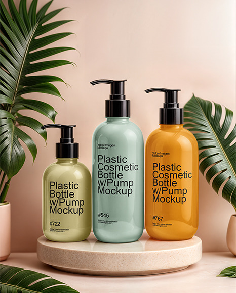 Three Glossy Cosmetic Bottles with Pump Caps Mockup