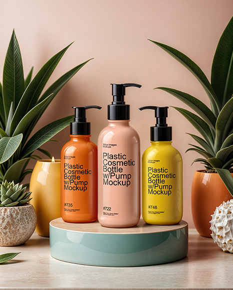 Three Cosmetic Bottles with Pump Caps on The Podium Mockup