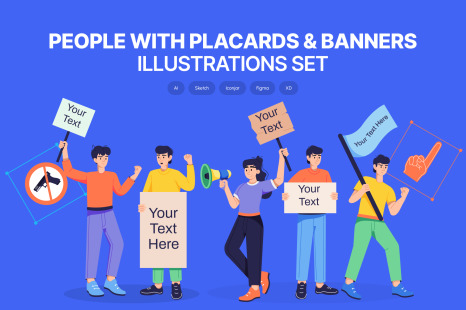 People with Placards and Banners Illustrations