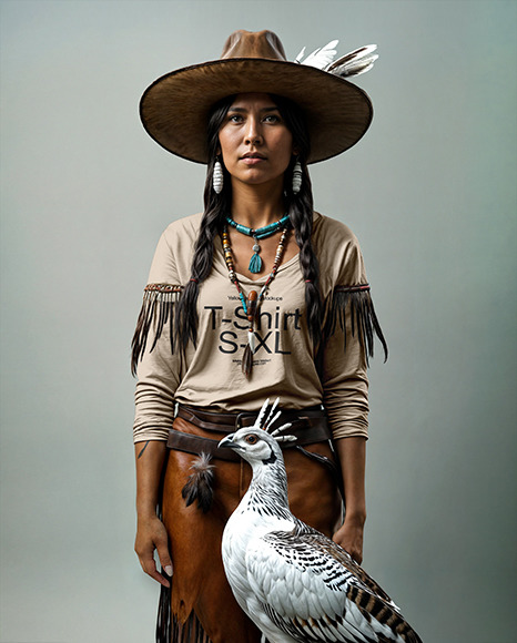 Native American Woman Wearing a Long Sleeve T-Shirt and Leather Skirt Mockup