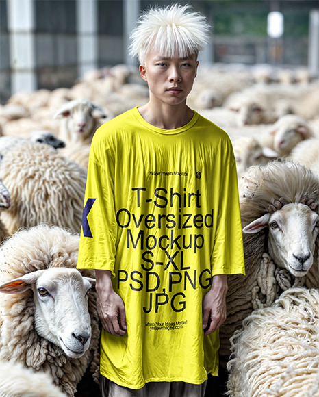 Asian Albino Man Surrounded by Sheep Wearing a Long Oversize T-Shirt Mockup