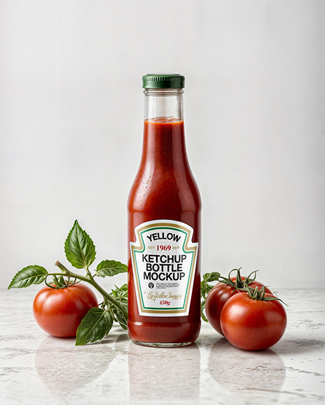 Clear Glass Tomato Ketchup Bottle with Tomatoes Around Mockup