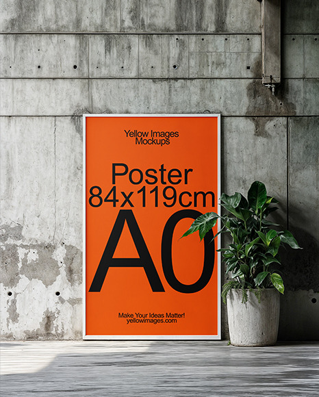 A0 Poster in a Frame Next to Grey Concrete Wall Mockup