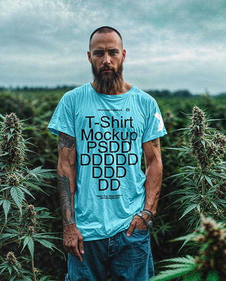A man Wearing a T-Shirt Stands on a Hemp Field Mockup
