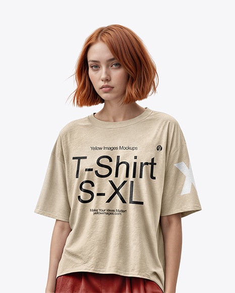 Woman with Red Hair in an Oversize T-Shirt Mockup