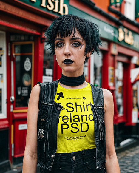 A Goth Girl Wearing Black Leather Vest and Sleeveless Shirt Mockup