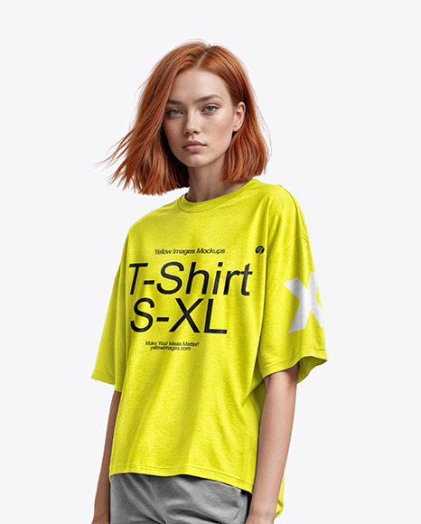 Woman with Red Hair in an Oversize T-Shirt Mockup