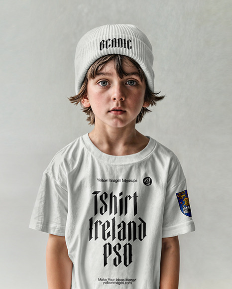 A Young Boy Wearing a T-Shirt and Beanie Hat Mockup