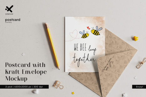Postcard with Kraft Envelope Mockup