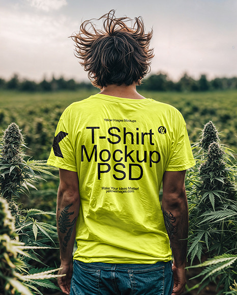 A man Wearing a T-Shirt Stands on a Field of Marijuana Mockup