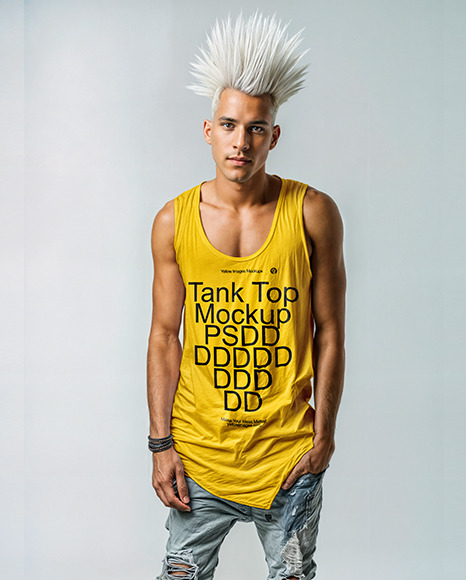 A Young Man with Spiky Blonde Hair Wearing a Tank Top and Jeans Mockup