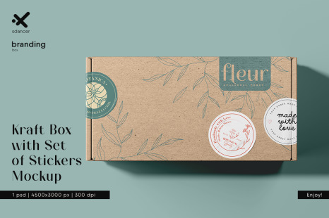 Rectangular Kraft Box with Set of Different Stickers Mockup