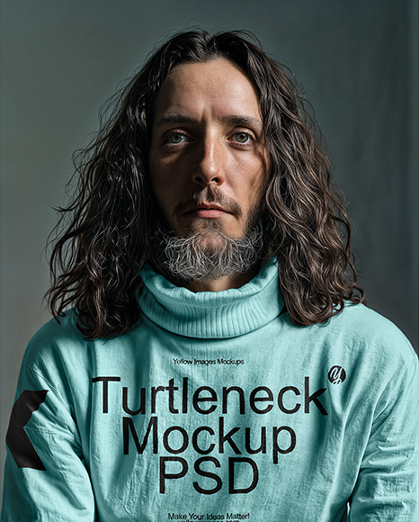 Long-Haired Man with a Beard Wearing a Turtleneck Sweater Mockup