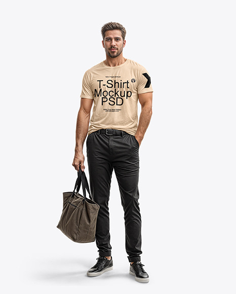 A Man Wearing a T-Shirt and Pants Holding a Bag Mockup