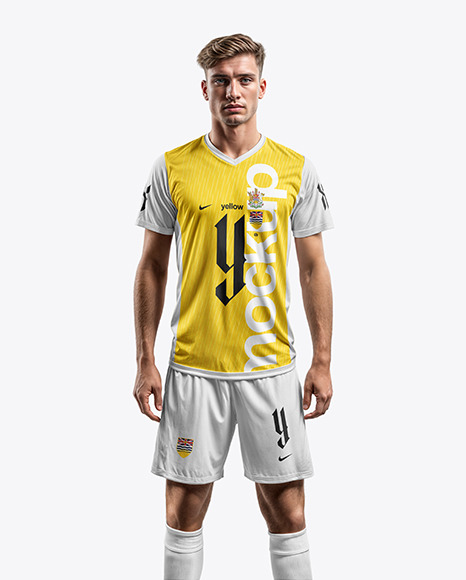 A Soccer Player Wearing a V-Neck Jersey and Shorts Mockup