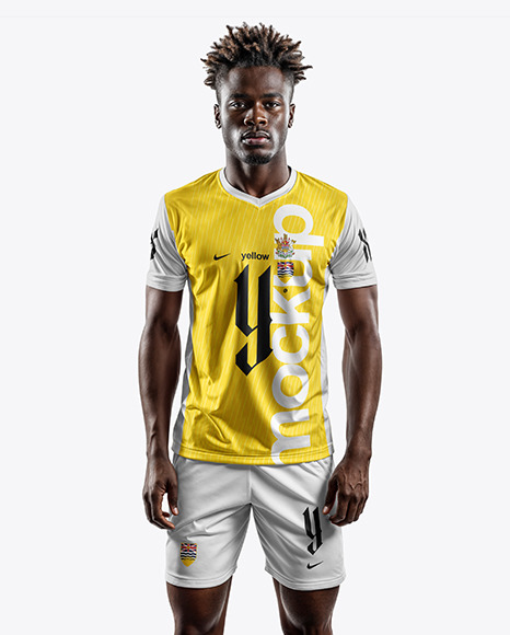 A Man Wearing a V-Neck Soccer Jersey and Shorts Mockup