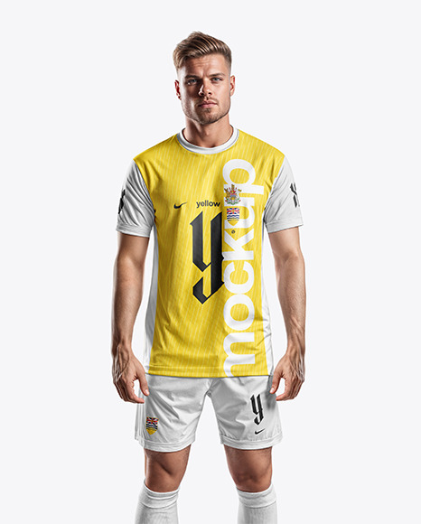 A Soccer Player Wearing a Crew Neck Jersey and Shorts Mockup