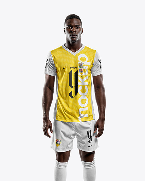A Black Man Wearing V-Neck Soccer Jersey and Shorts Mockup