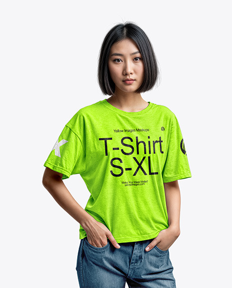 Asian Woman in a T-Shirt and Jeans Mockup