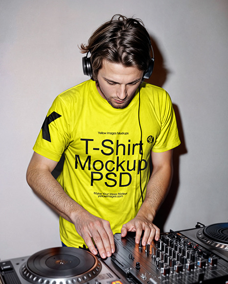 Young Male DJ Wearing a Crew Neck T-Shirt Mockup
